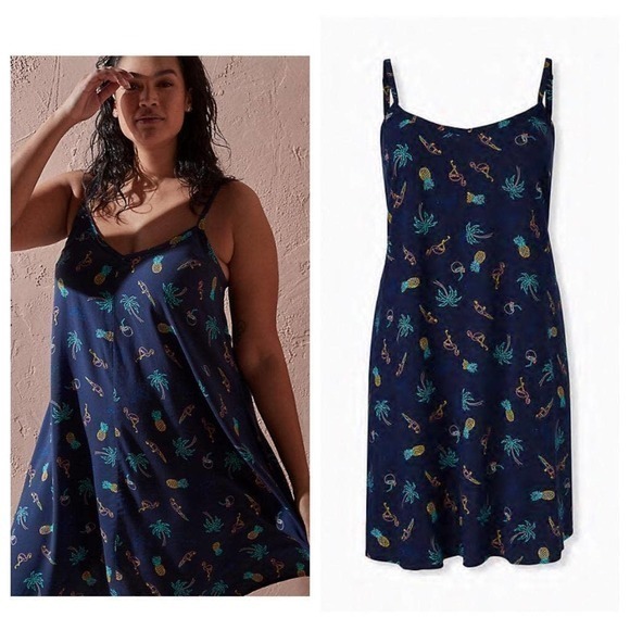 Torrid 2X Navy Blue Tropic Print Challis Trapeze Tattoo Pineapple Flamingo Dress - Picture 1 of 1